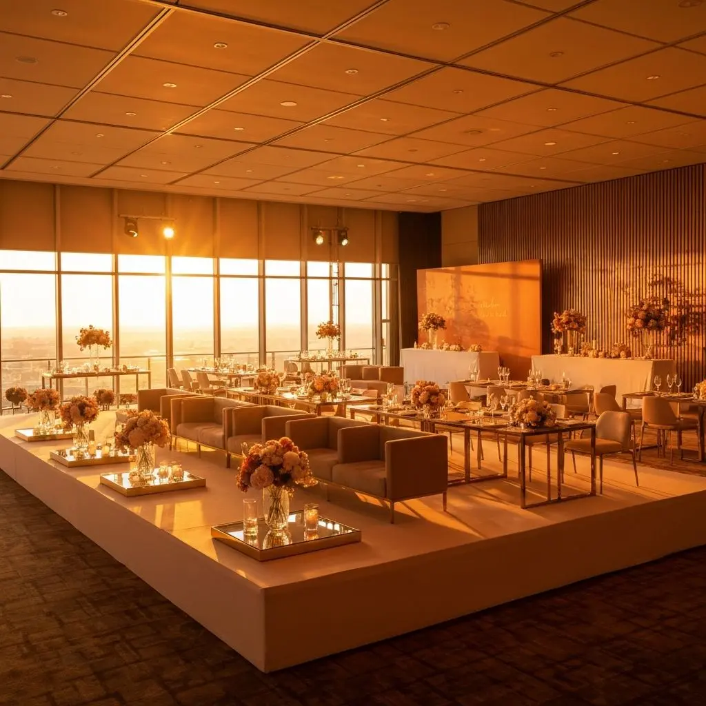 Luxury event setup with elegant decor and lighting